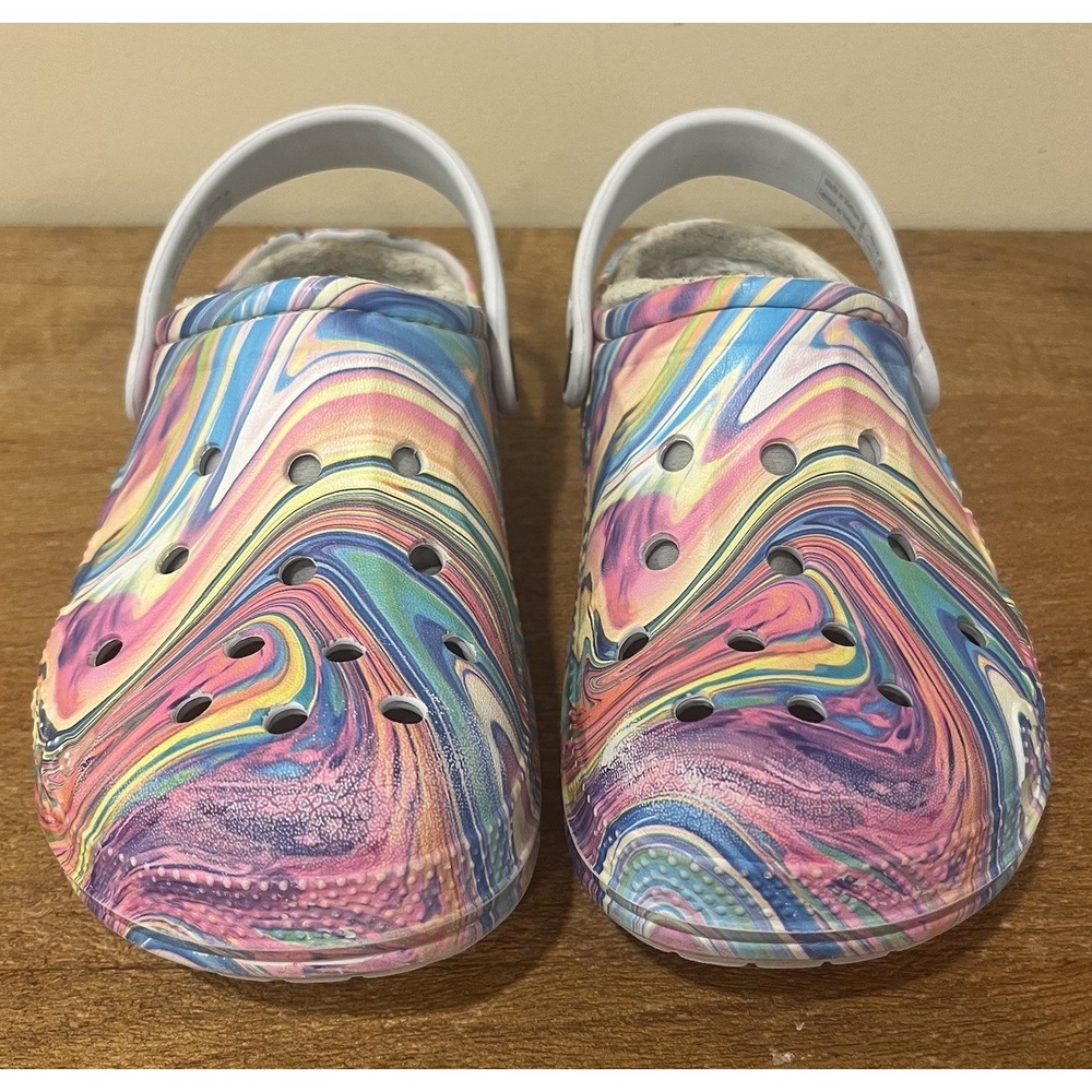 Crocs Kids J1 Lined Classic Clogs Marbled Rainbow Multicolor Fleece Winter Shoes